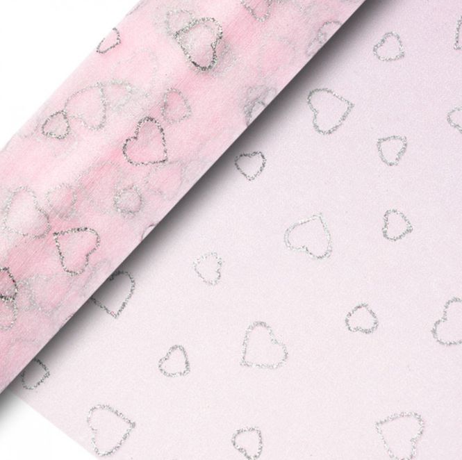 Hovedbilde Organza Sølv Glitter Hjerter Rosa 10m